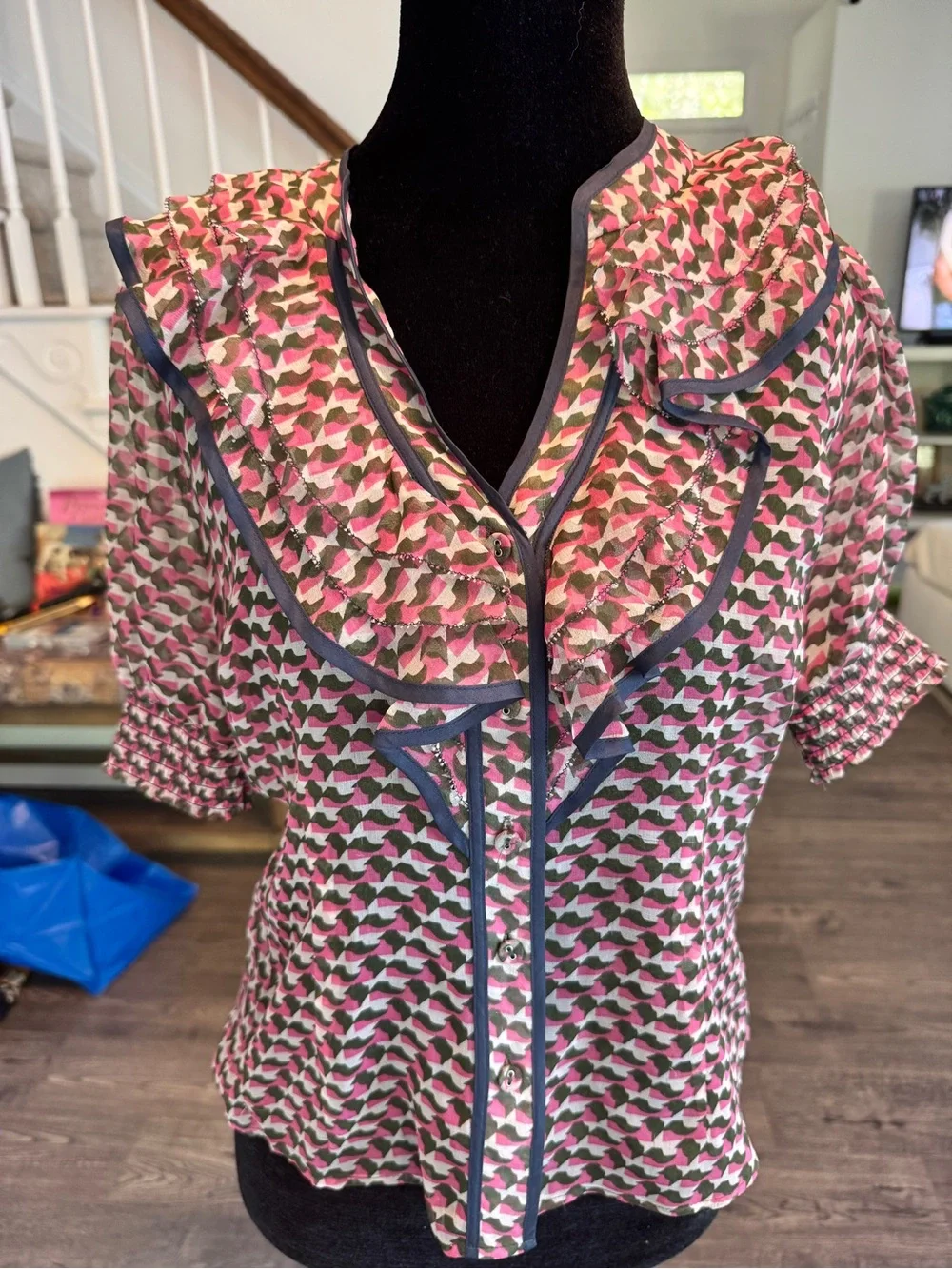 Odille Pink Geometric Ruffle-Trim Blouse - Picture 7 of 9